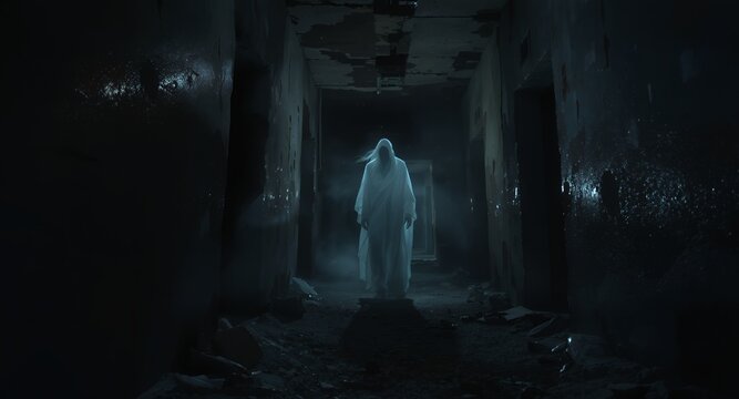 Ghostly Figure in Dark Haunted Hallway