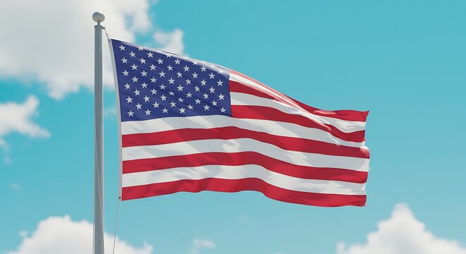 United States Flag Flying in Bright Blue Sky with White Clouds