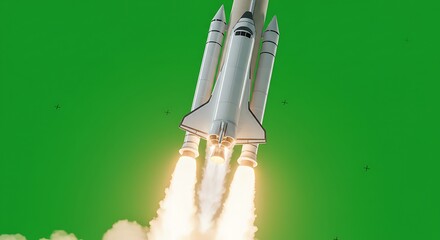 Rocket Launching with Bright Flames Against Green Screen Background