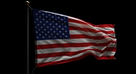 American Flag Flagpole Waving in Wind Against Black Background