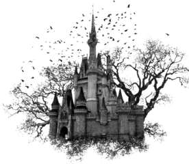 Gothic Enchantment: A Mystical Castle Amidst Twisted Trees and Night Sky