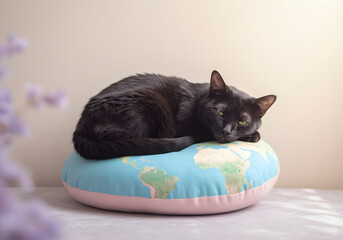 Naklejka premium Black cat relaxing on world map cushion