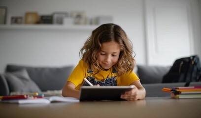 Smiling young girl using tablet and digital pen for education - Powered by Adobe