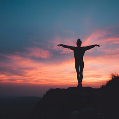 Silhouette of a Figure Stretching at Twilight