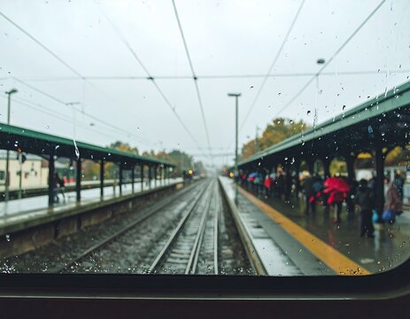 Rainy train station view from a moving train