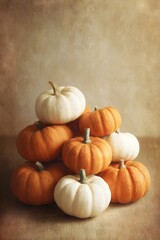 Still life photo of orange and white mini pumpkins of various sizes