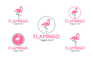 5 Flamingo Logo Set Pink and Dark Grey Color Modern Minimalist Animal Brand Design