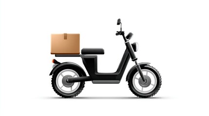 Obraz premium Scooter delivers box on white background.