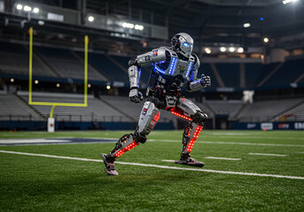 Fototapeta premium Futuristic robot running on sports field