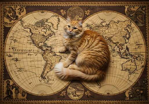Ginger cat on antique world map
