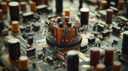 Circuit board close-up with intricate components, showing complex technology and electronic design