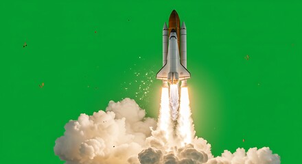 Rocket Launching with Bright Flames and Smoke Against Green Screen Background