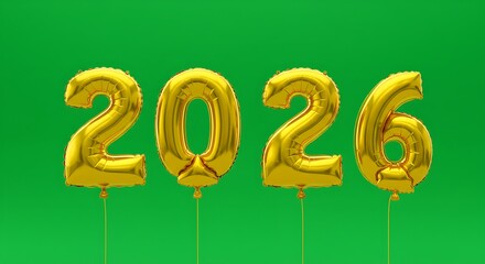 Golden Number Balloons Celebrating Year 2026 on Green Background