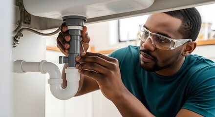 Professional Plumber Fixing a Sink Drain Pipe in a Modern Home