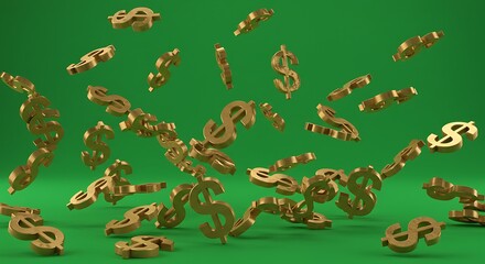 Golden Dollar Signs Falling on Green Background Financial Concept