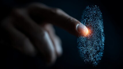 A finger touching a digital fingerprint scan on a dark background.