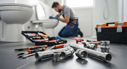 Professional plumber fixing a toilet in a modern bathroom, with various tools and new pipes laid out on the floor, ready for plumbing repair and service.