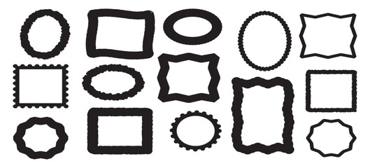 Set of vintage rectangle and circle postage stamps. Wavy frame border frames. Graphic design elements for decoration, banner, poster, template, Square circle and rectangle shape.