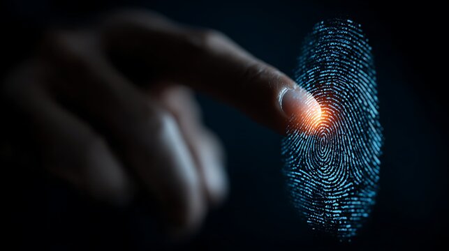 A finger touching a digital fingerprint scan on a dark background.