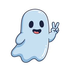 Obraz premium Friendly blue cartoon ghost smiling and making a peace sign, with a playful and cute expression.