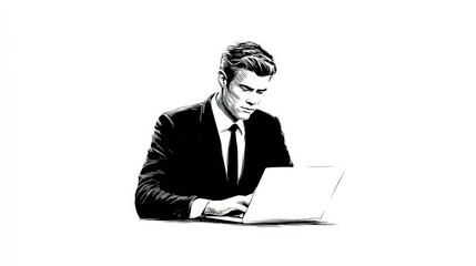 Businessman working on laptop, focused, at desk in office