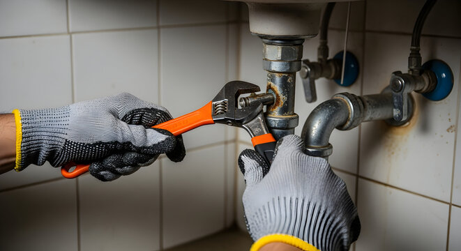 Professional Plumber Fixing Rusty Pipes Under a Sink with a Wrench, Home Maintenance and Repair Services
