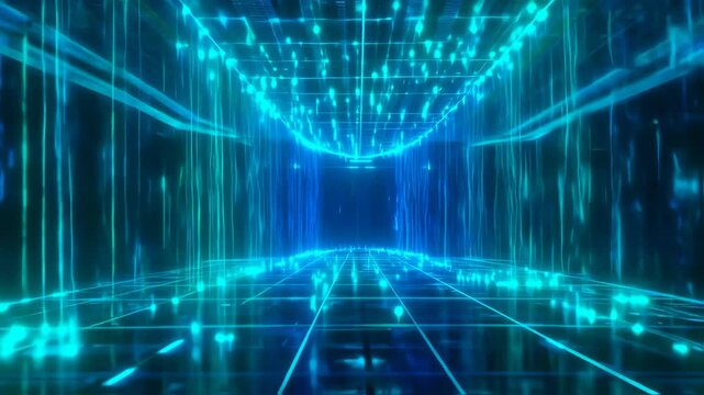 Abstract futuristic tunnel with glowing turquoise lines and grid pattern