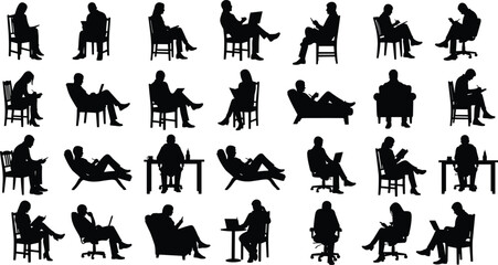 Silhouette people sitting on chair, reading, using laptop, smartphone, relaxing, working, modern lifestyle, vector illustration, business concept, design