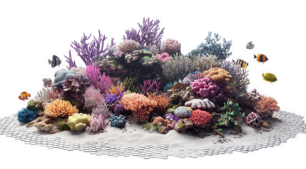 Colorful coral reef teeming with diverse fish isolated on transparent background