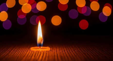Ethereal candle flame illuminating rustic wood surface with vibrant bokeh effects backdrop