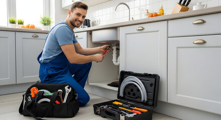 Professional plumber fixing a kitchen sink with a smile, showcasing reliable home repair service.
