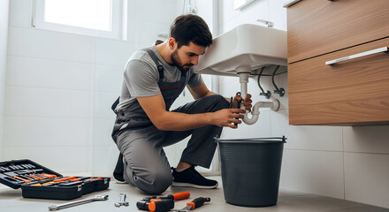 Professional plumber fixing sink drain in modern bathroom, using tools for efficient repair and maintenance service.