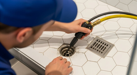 Professional plumber fixing a clogged shower drain with specialized equipment.