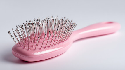 Pink hairbrush with bristles on white surface