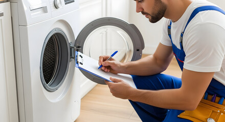 Professional Plumber Fixing a Washing Machine and Taking Notes on a Service Call