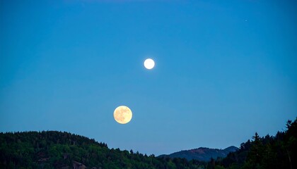 Two moons above forested mountains at twilight
