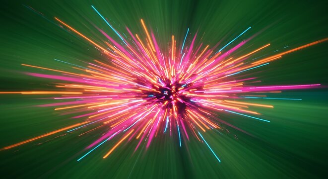 Colorful Fireworks Explosion Displaying Bright Pink Orange and Blue Streaks Over Green Night Sky