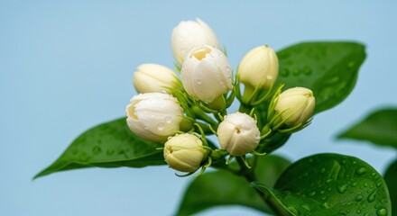 Obraz premium Jasmine buds cluster, fresh dew drops adorn petals, blue backdrop