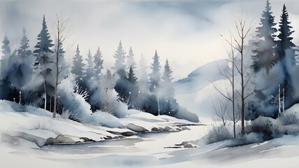 A watercolor illustration of a winter landscape with snow-covered trees, a river, and a mountain background. Suitable for designing cards, posters, wallpapers, book covers, and nature blogs.