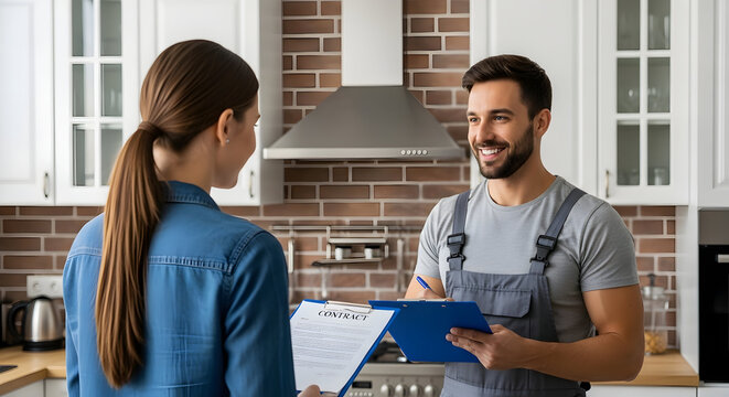 Professional plumber fixing a home service contract with a client in a modern kitchen