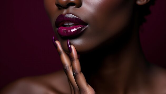 Striking Lipstick Detail Dark Gloss Elegant Hand Pose Moody Studio Shot Maroon Background