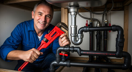 Fototapeta premium Smiling Male Plumber Fixing Pipes Under Sink with Large Wrench
