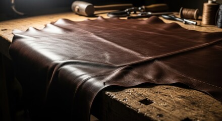 Leather hide spread on workbench with tools, ready for craftwork