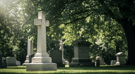 Serene Cemetery with Marble Cross Tombstone in Sunlight