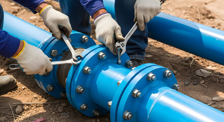 Skilled plumber fixing industrial blue pipes with wrenches and bolts at a construction site