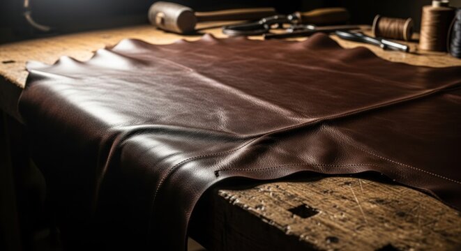 Leather hide spread on workbench with tools, ready for craftwork