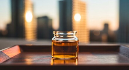 Liquid in a jar on wooden tray, city buildings blur in background
