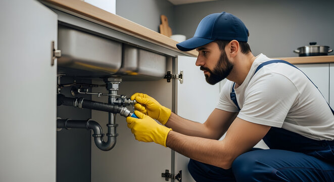 Skilled plumber fixing leaky pipes under a modern kitchen sink, demonstrating professional maintenance and home repair service.