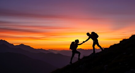 Silhouette of Backpacking Man and Woman Hiking at Colorful Sunrise