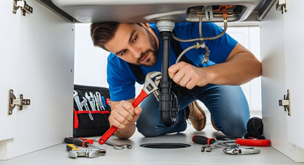 Professional plumber fixing a leaking sink drain pipe in a modern kitchen or bathroom, with tools scattered on the floor, highlighting home repair service.